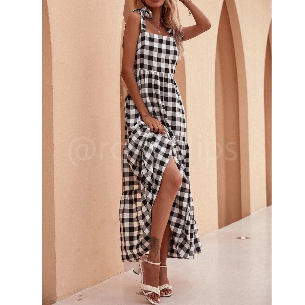 Gingham Dress Black White Plaid Checker Grid Maxi Long Tie Straps Flowy - Picture 6 of 7